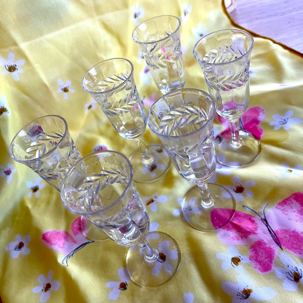 Set of 6 Gorgeous Vintage Etched Cordial Glasses EUC